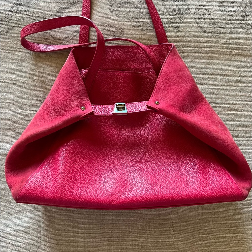Akris Ai Raspberry Pink Leather Suede Tote with Silver Hardware